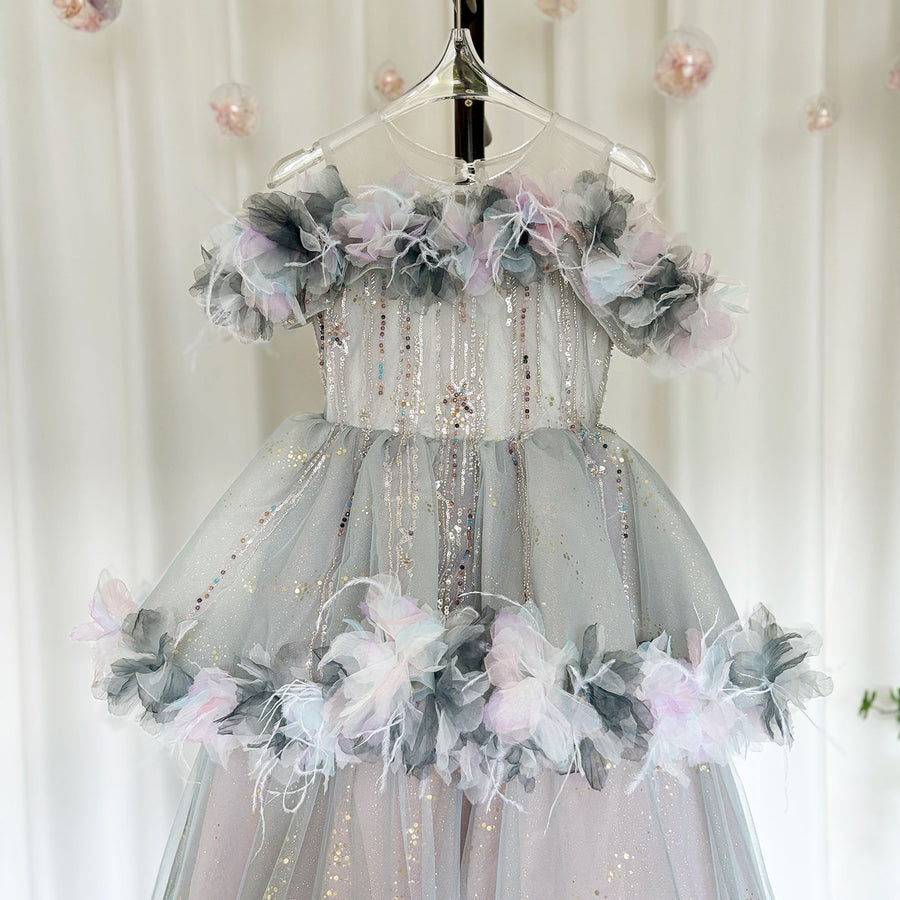 Luxury Lilac Flower Girl Dress Arabic Princess Kids Floor Length J083