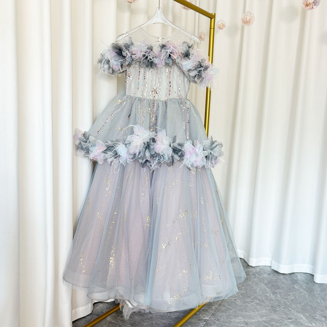 luxury designer dresses for girl child Elegant Shiny Sage Dress Bow Princess Baby Kids J156 DreamyVow quality material EQWLJWE Children Embroider Princess Dress
