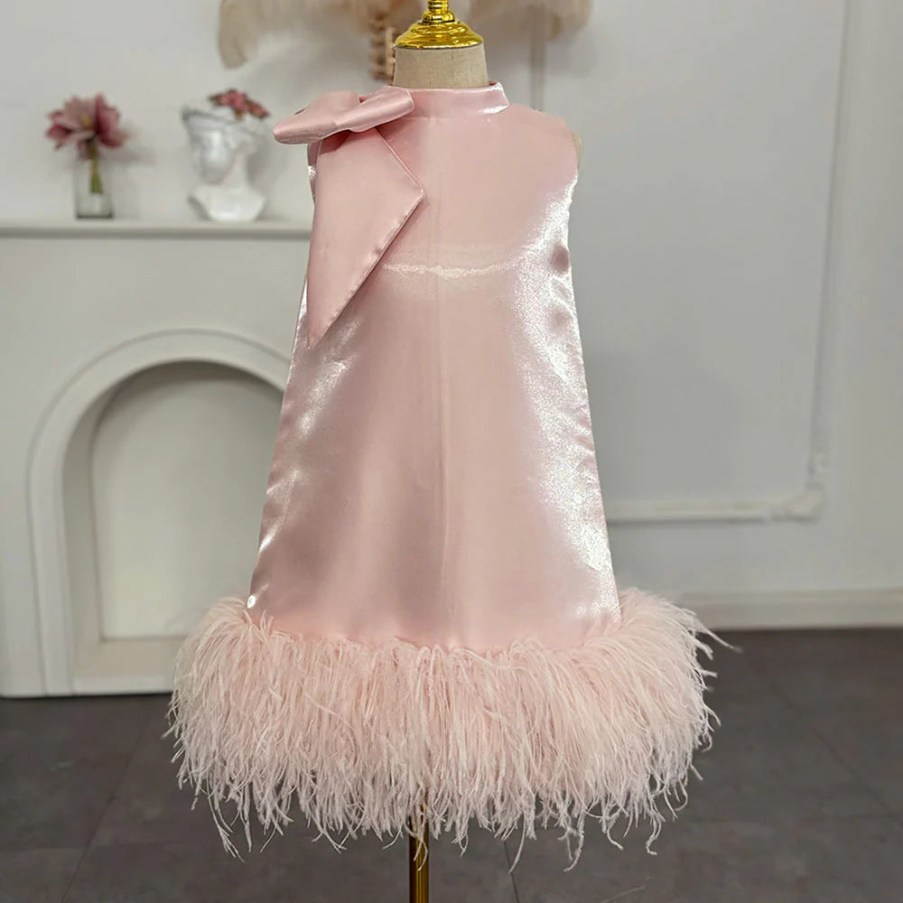 Luxury Mini Arabic Pink Flower Girl Dress Ostrich Feathers Bow J117 Pink / child-8 Luxury Mini Arabic Pink Flower Girl Dress Ostrich Feathers Bow J117 Pink / child-8
