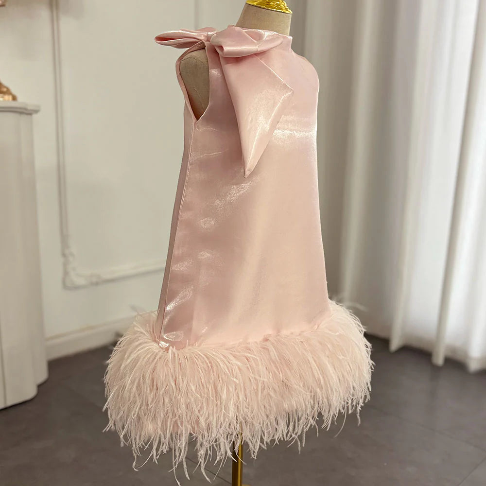 Luxury Mini Arabic Pink Flower Girl Dress Ostrich Feathers Bow J117 Pink / child-8 Luxury Mini Arabic Pink Flower Girl Dress Ostrich Feathers Bow J117 Pink / child-8