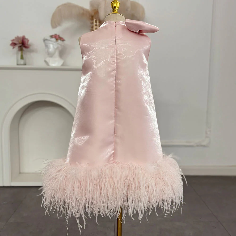 Luxury Mini Arabic Pink Flower Girl Dress Ostrich Feathers Bow J117 Pink / Child-8 Luxury Mini Arabic Pink Flower Girl Dress Ostrich Feathers Bow J117 Pink / Child-8