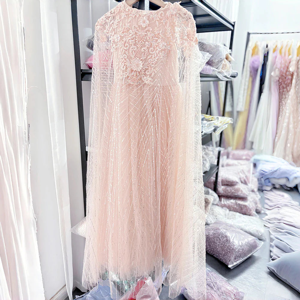 arabic ladies dress Luxury Pearl Arabic Girl Dress Applique Beaded with Cape J071 Pearl Pink / child-4