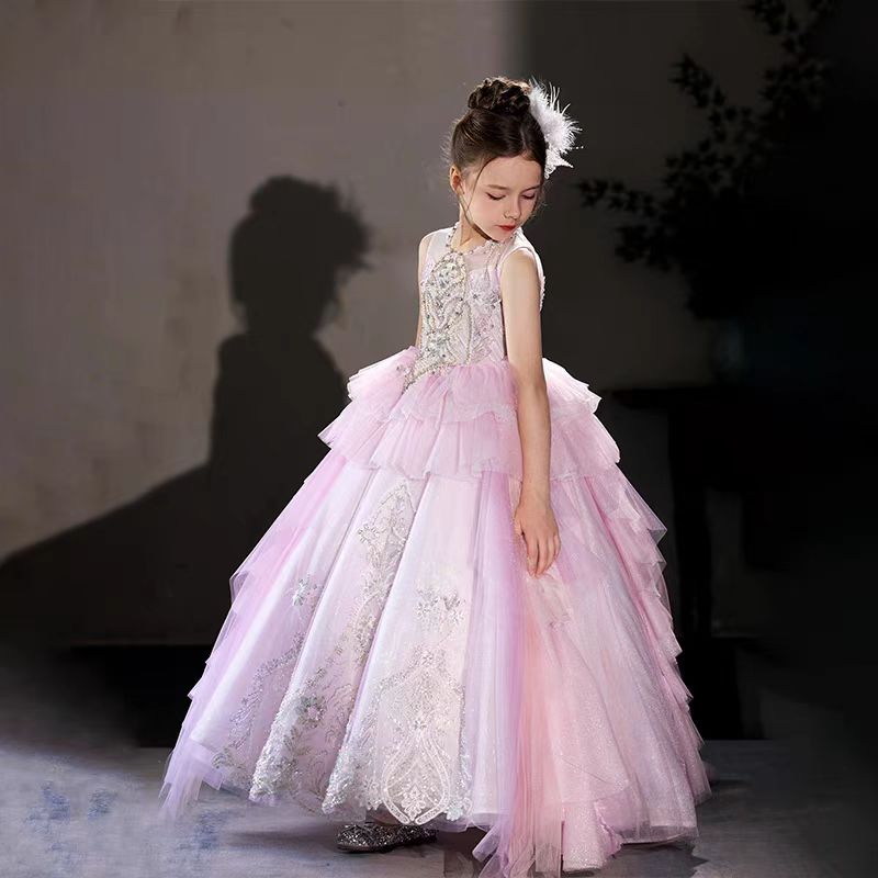 Pink Flowers Knee Length 1st Birthday Party Girl Dress J356 Pink / Child-14 Pink Flowers Knee Length 1st Birthday Party Girl Dress J356 Pink / Child-14