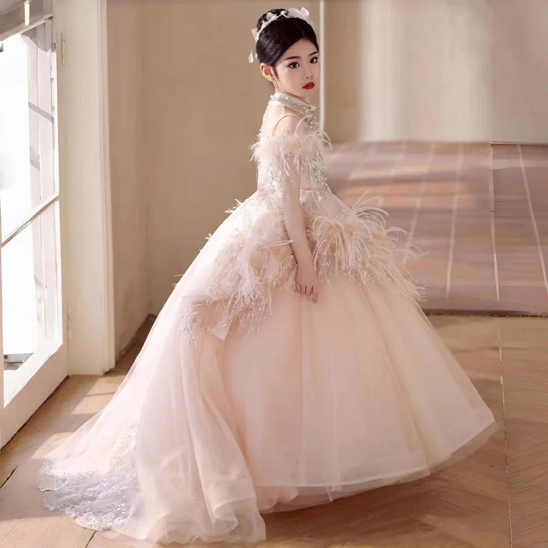 dubai ladies dress Luxury Pink Dubai Girl Dress Beaded Feathers Arabic Princess J138 Pink / child-4