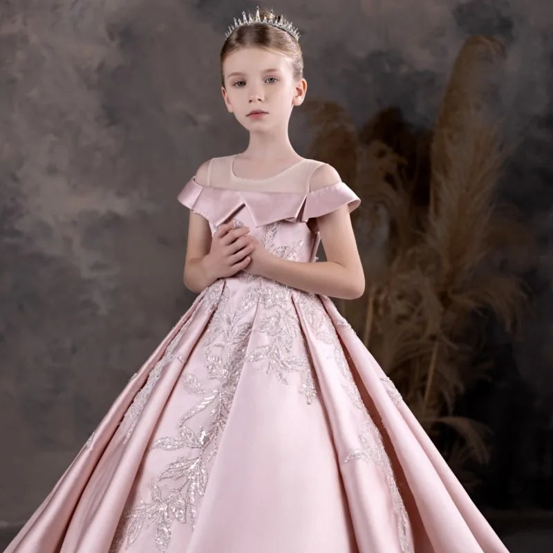 Luxury Pink Flower Girl Dress Appliques Sequined Princess J129 Pink / child-4