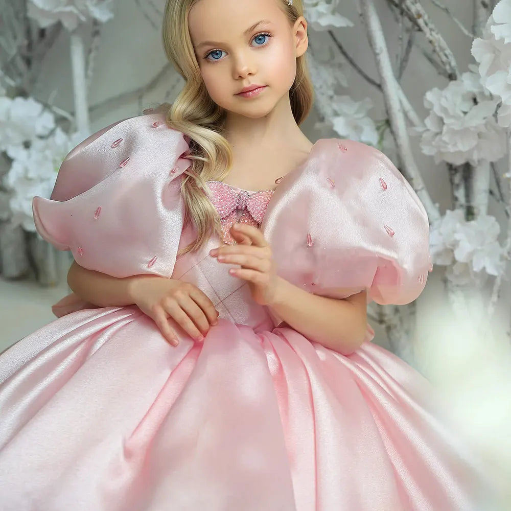 Luxury Pink Girl Dress Beaded Puffy Sleeve Bow Dubai Princess M032 – DreamyVow Luxury Pink Girl Dress Beaded Puffy Sleeve Bow Dubai Princess M032 – DreamyVow