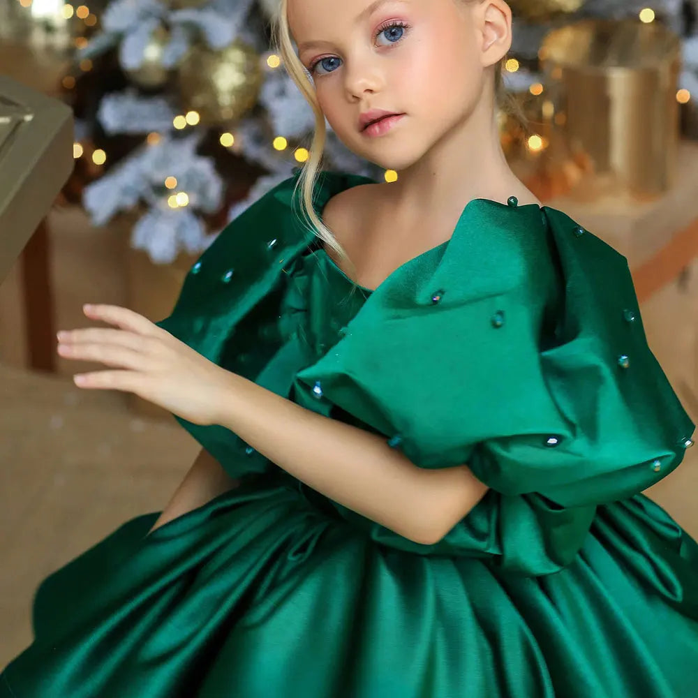 Luxury Pink Girl Dress Beaded Puffy Sleeve Bow Dubai Princess M032 DreamyVow Luxury Pink Girl Dress Beaded Puffy Sleeve Bow Dubai Princess M032 DreamyVow