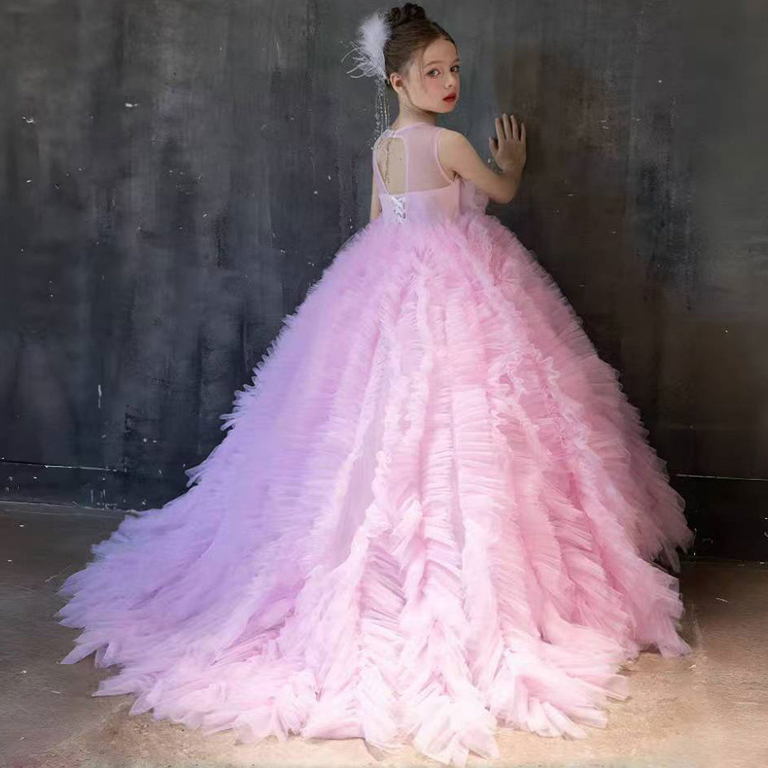 Luxury Pink Girl Dress Handmade Flowers Kids Princess Birthday J039 DreamyVow Luxury Pink Girl Dress Handmade Flowers Kids Princess Birthday J039 DreamyVow
