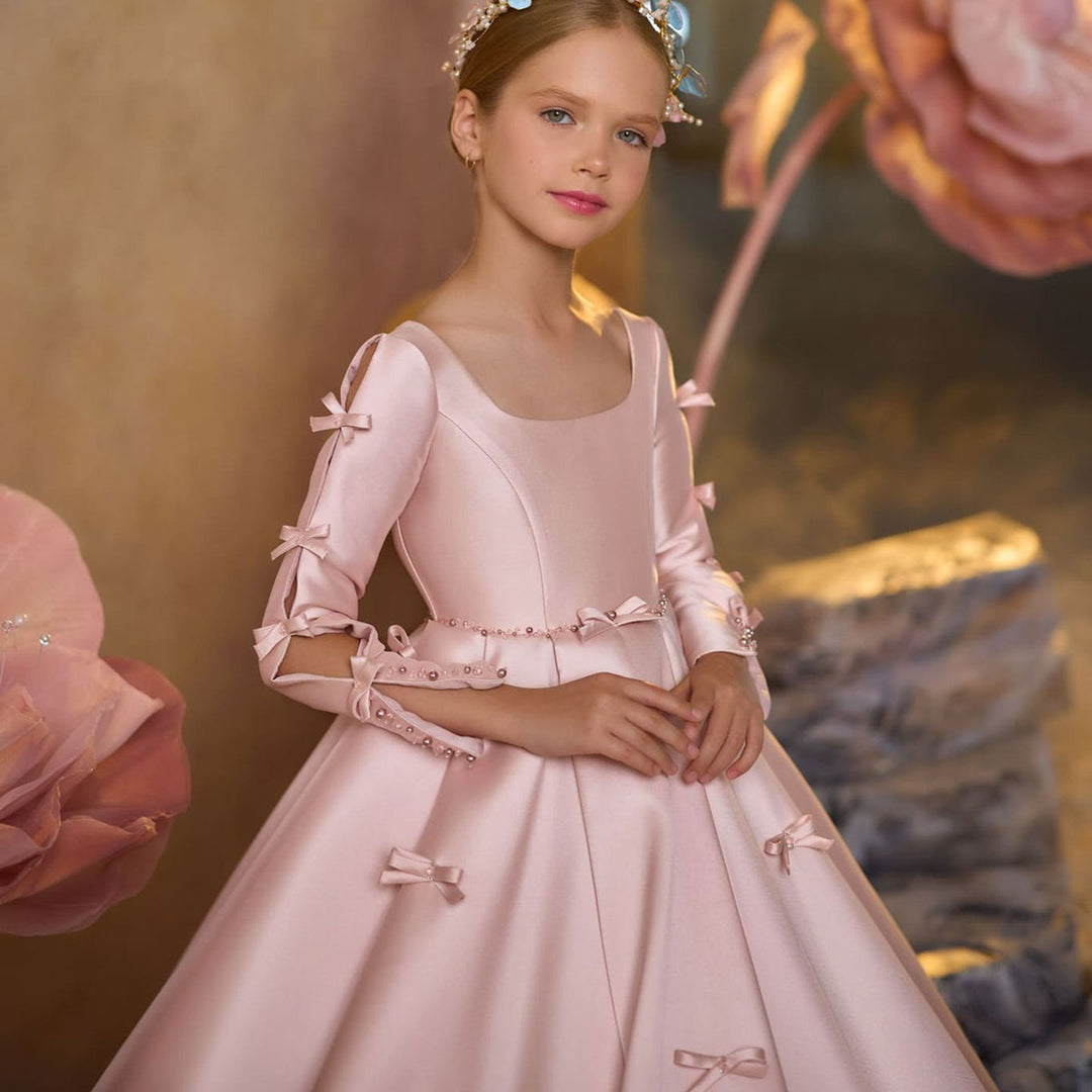 Luxury Pink Satin Girl Dresses Square Collar Long Sleeve J137 DreamyVow Luxury Pink Satin Girl Dresses Square Collar Long Sleeve J137 DreamyVow