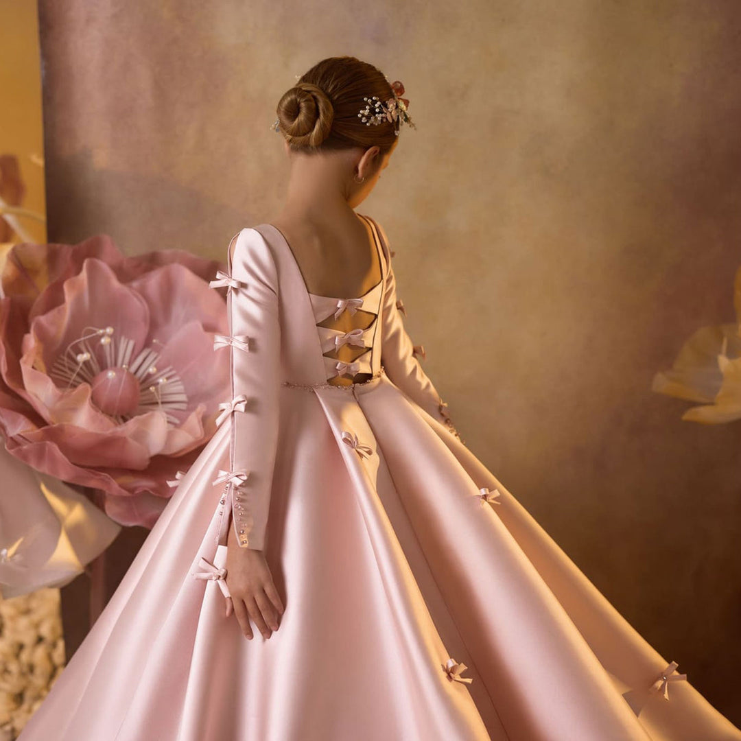 Luxury Pink Satin Girl Dresses Square Collar Long Sleeve J137 DreamyVow Luxury Pink Satin Girl Dresses Square Collar Long Sleeve J137 DreamyVow