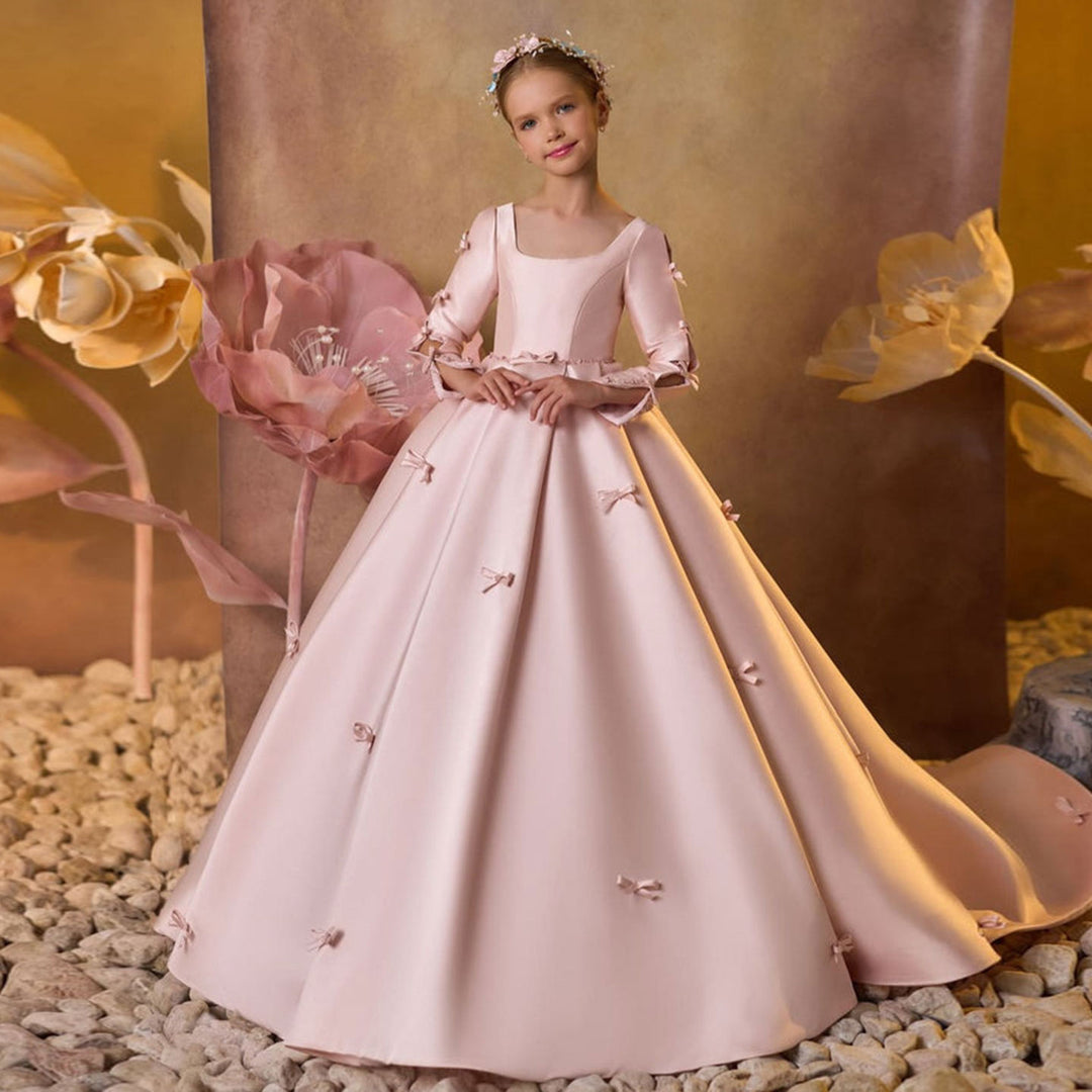 Luxury Pink Satin Girl Dresses Square Collar Long Sleeve J137 Luxury Pink Satin Girl Dresses Square Collar Long Sleeve J137