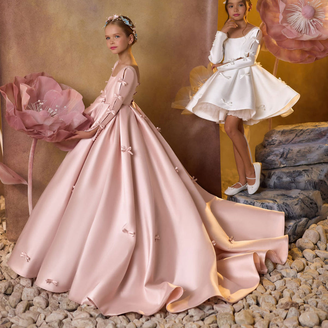 Luxury Pink Satin Girl Dresses Square Collar Long Sleeve J137 Pink / Child-8 Luxury Pink Satin Girl Dresses Square Collar Long Sleeve J137 Pink / Child-8