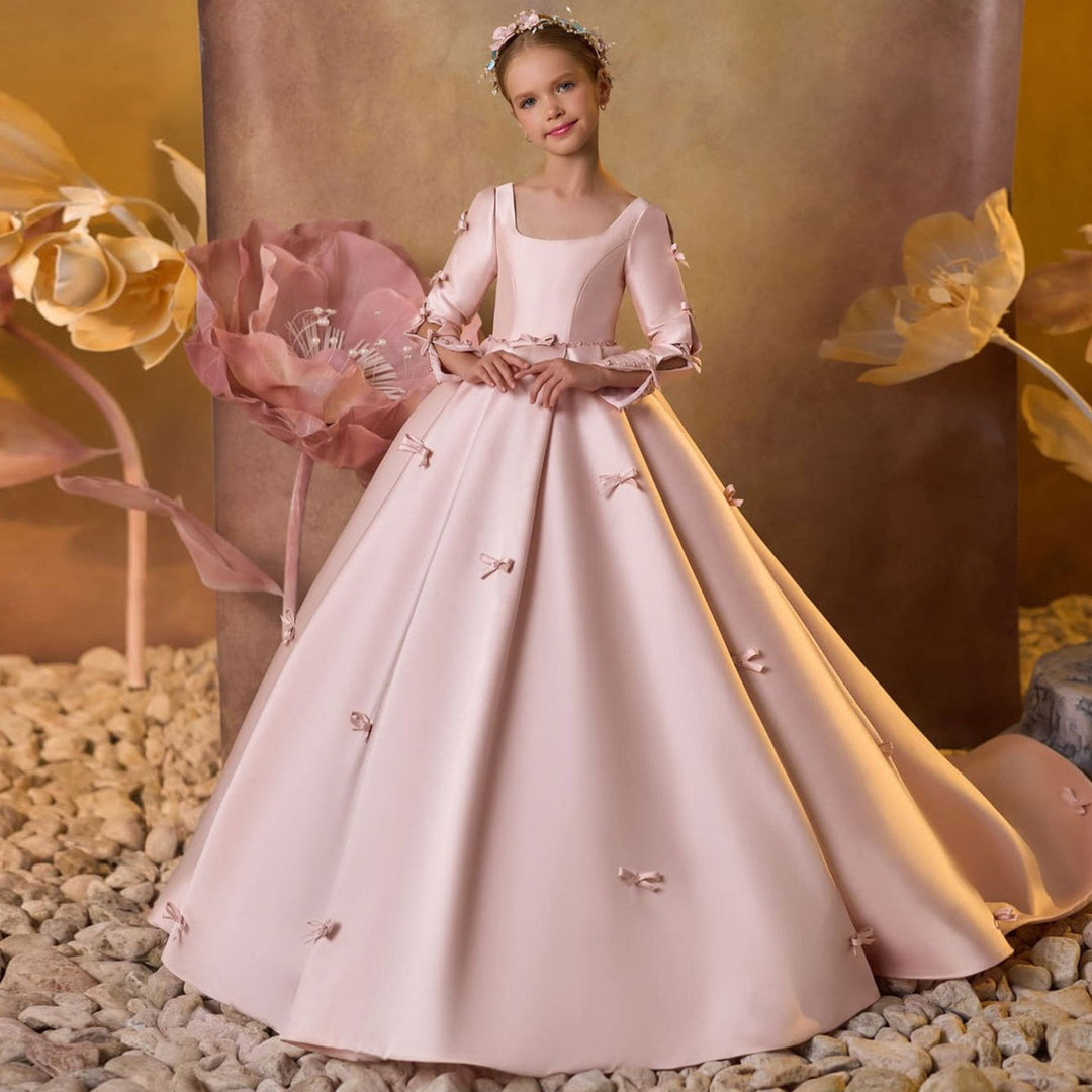 Luxury Pink Satin Girl Dresses Square Collar Long Sleeve J137 DreamyVow Luxury Pink Satin Girl Dresses Square Collar Long Sleeve J137 DreamyVow