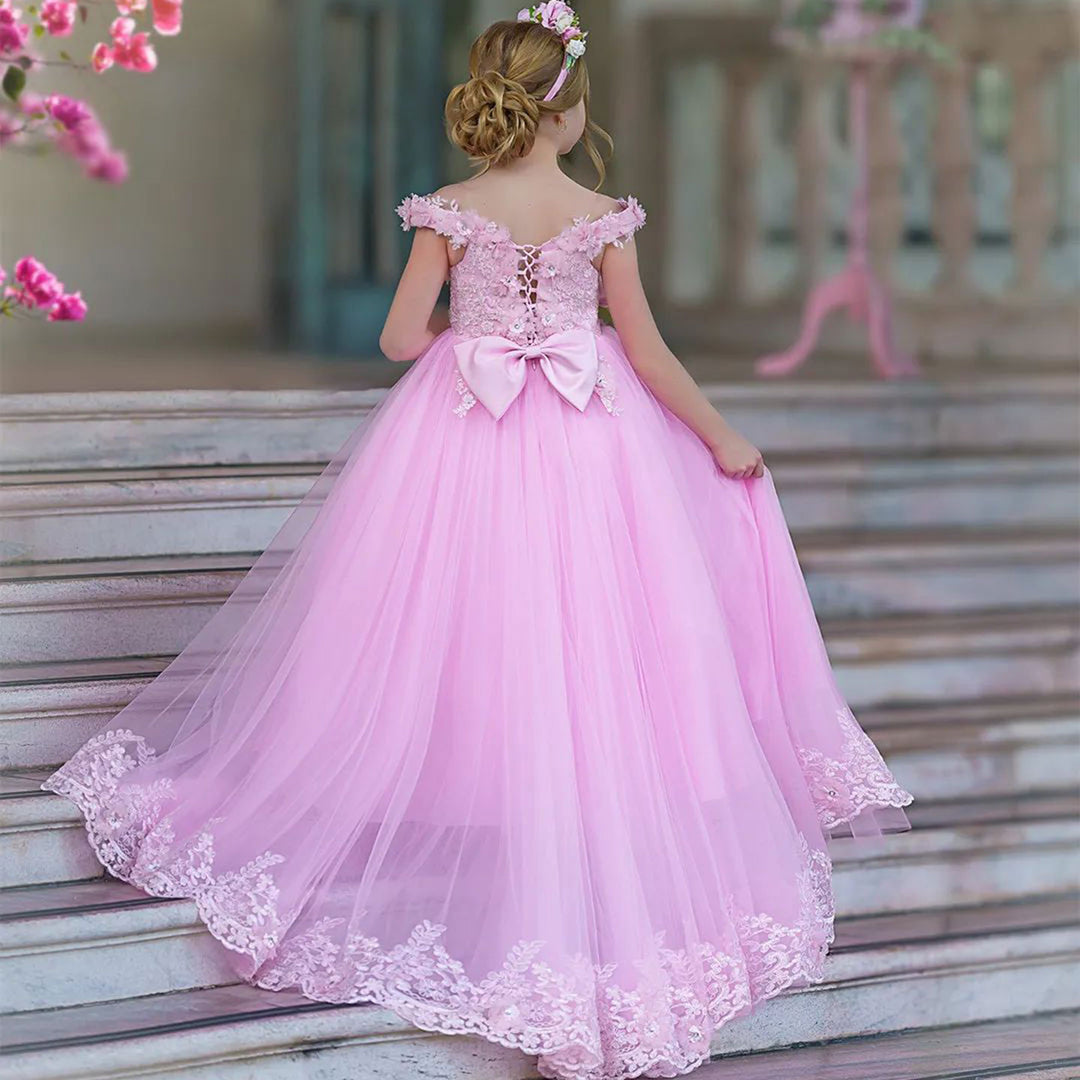Luxury Pink Tulle Lace Girl Dress Sweep Train Ball Gown J178 DreamyVow Luxury Pink Tulle Lace Girl Dress Sweep Train Ball Gown J178 DreamyVow