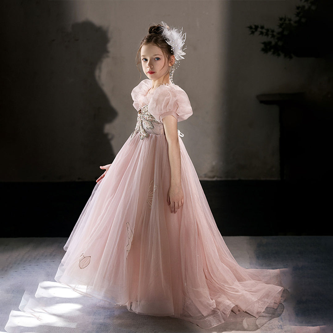 Luxury Princess Dusty Pink Girl Dress Dubai Tulle Pearls Beading J022 Luxury Princess Dusty Pink Girl Dress Dubai Tulle Pearls Beading J022