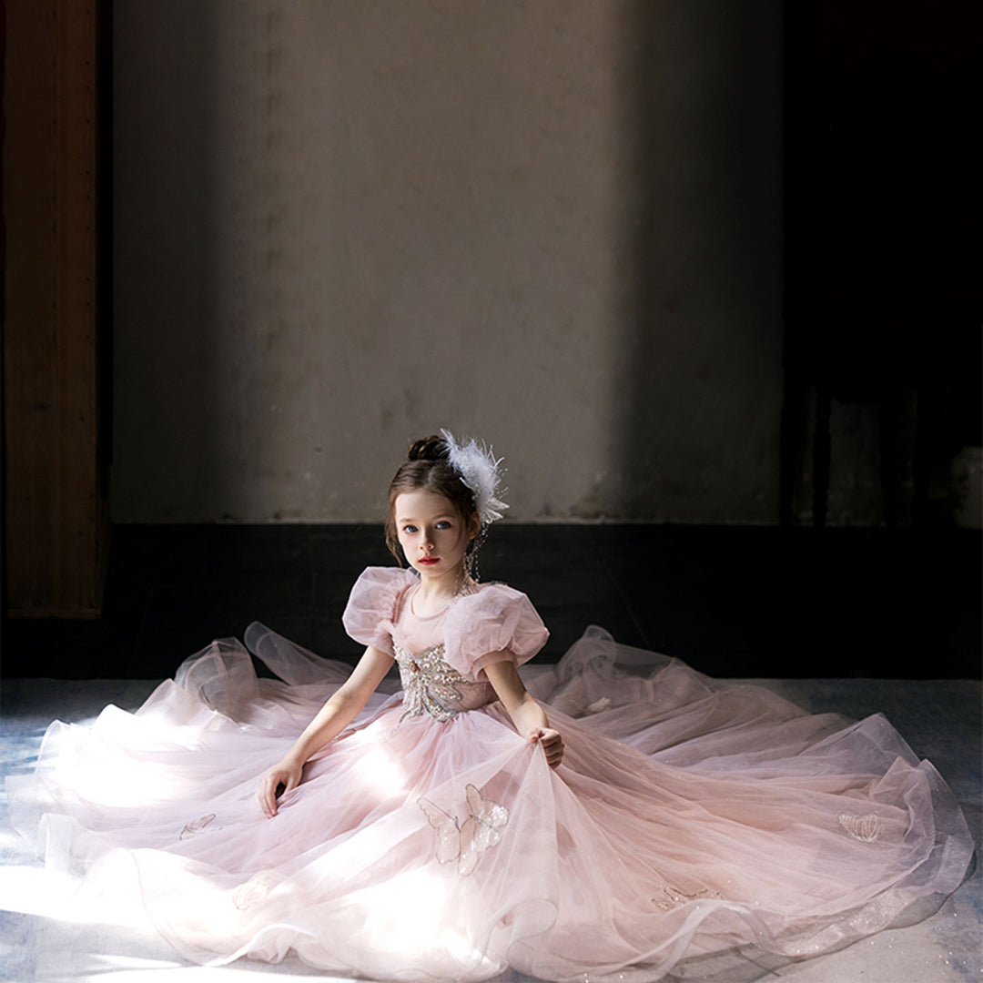 Luxury Princess Dusty Pink Girl Dress Dubai Tulle Pearls Beading J022 DreamyVow Luxury Princess Dusty Pink Girl Dress Dubai Tulle Pearls Beading J022 DreamyVow
