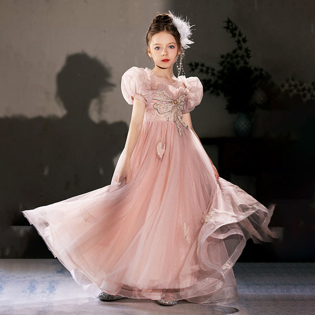 Luxury Princess Dusty Pink Girl Dress Dubai Tulle Pearls Beading