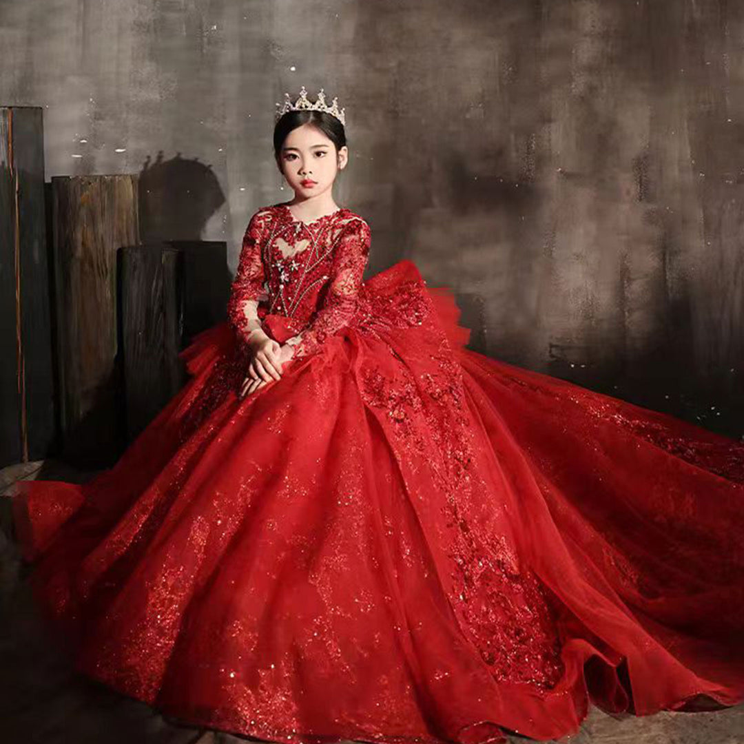 Luxury Red Crystal Birthday Party Girl Dress Long Sleeve J335 DreamyVow Luxury Red Crystal Birthday Party Girl Dress Long Sleeve J335 DreamyVow