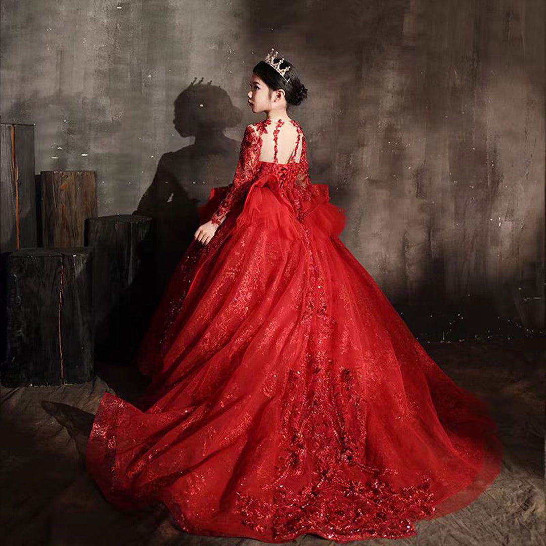 Luxury Red Crystal Birthday Party Girl Dress Long Sleeve J335 Luxury Red Crystal Birthday Party Girl Dress Long Sleeve J335