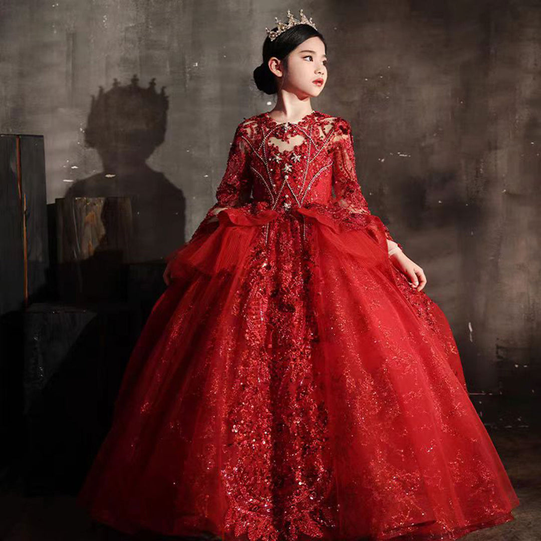 Luxury Red Crystal Birthday Party Girl Dress Long Sleeve J335 DreamyVow Luxury Red Crystal Birthday Party Girl Dress Long Sleeve J335 DreamyVow