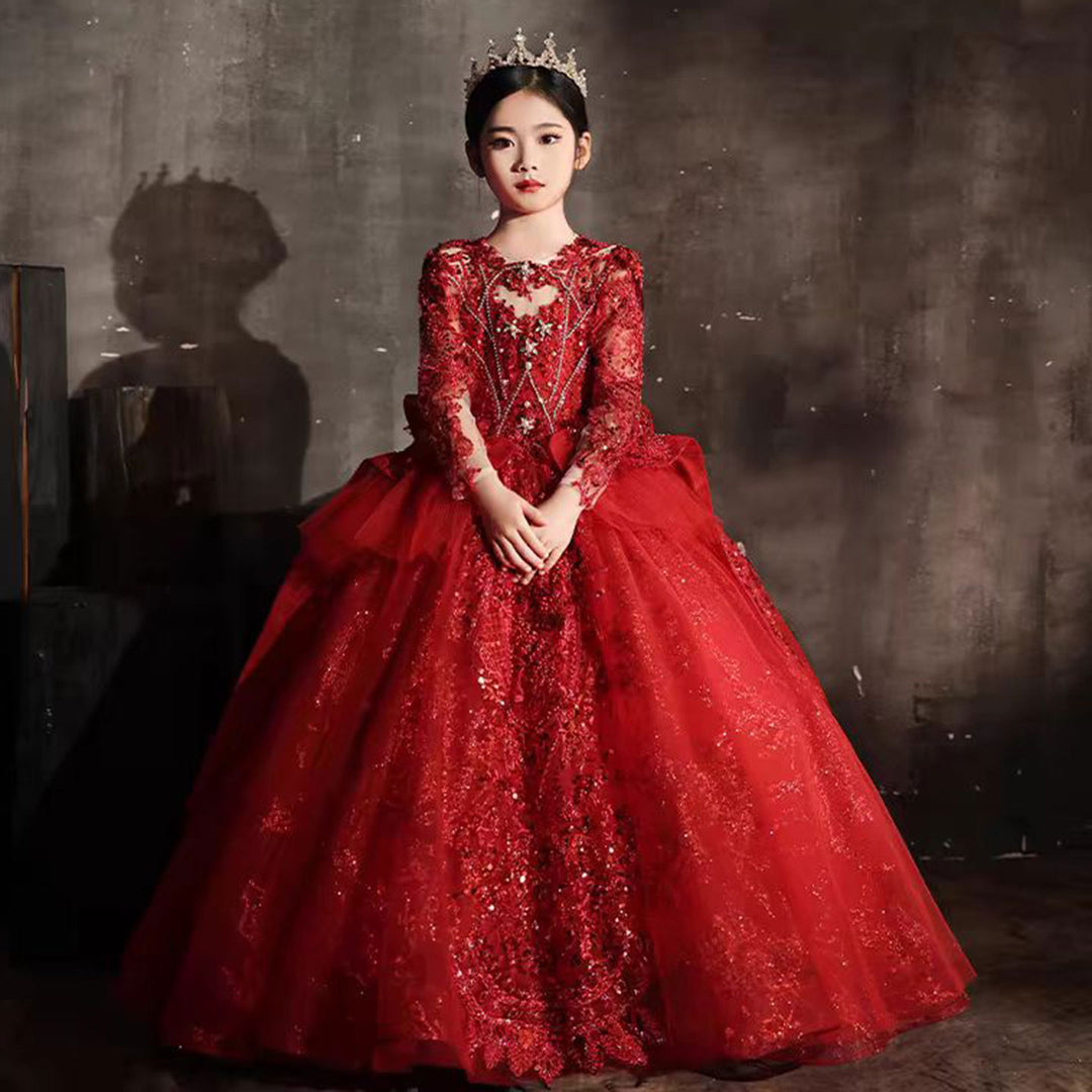 Luxury Red Crystal Birthday Party Girl Dress Long Sleeve J335 Luxury Red Crystal Birthday Party Girl Dress Long Sleeve J335