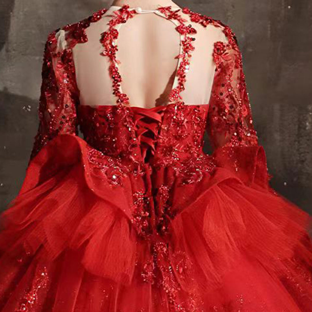 Luxury Red Crystal Birthday Party Girl Dress Long Sleeve J335 DreamyVow Luxury Red Crystal Birthday Party Girl Dress Long Sleeve J335 DreamyVow
