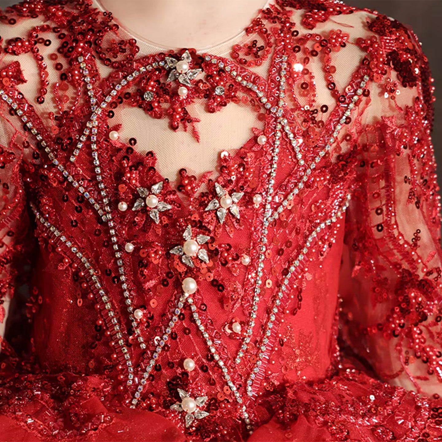 Luxury Red Crystal Birthday Party Girl Dress Long Sleeve J335, Red / child-14