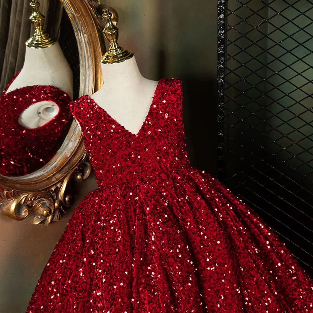 Luxury Shiny V-Neck Burgundy Girl Dresses Princess Gown J087 Burgundy / 6(120CM) Luxury Shiny V-Neck Burgundy Girl Dresses Princess Gown J087 Burgundy / 6(120CM)