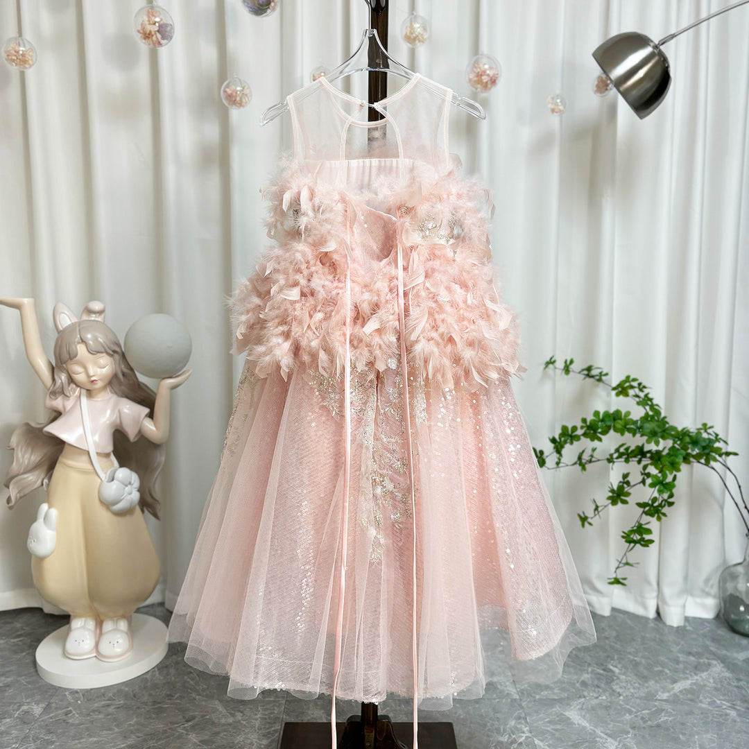 Luxury Shiny Pink Flower Girl Dresses Feather Sequined Gowns J008 – DreamyVow Luxury Shiny Pink Flower Girl Dresses Feather Sequined Gowns J008 – DreamyVow