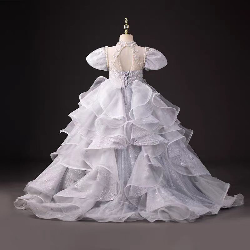 Luxury Silver Girl Dress Beaded Court Train Princess Gown J300, Silver / Child-12 Luxury Silver Girl Dress Beaded Court Train Princess Gown J300, Silver / Child-12