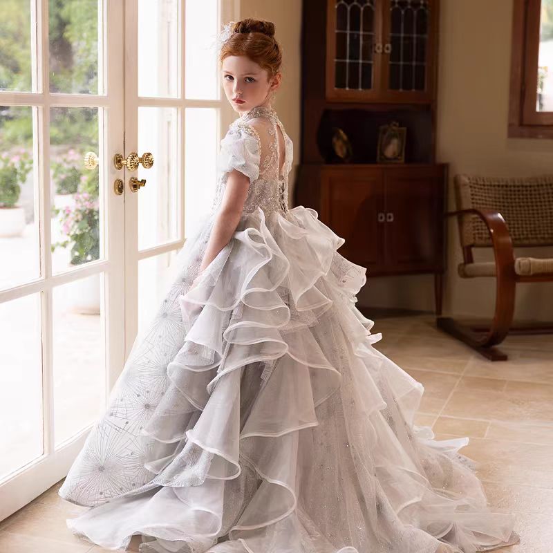 Luxury Silver Girl Dress Beaded Court Train Princess Gown J300, Silver / Child-12 Luxury Silver Girl Dress Beaded Court Train Princess Gown J300, Silver / Child-12