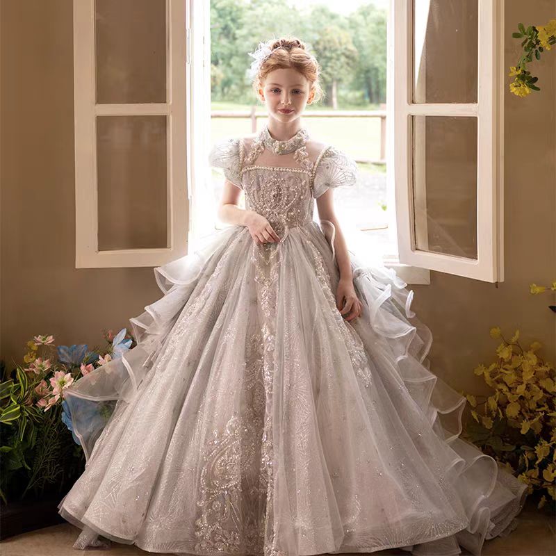 Luxury Silver Girl Dress Beaded Court Train Princess Gown J300 Luxury Silver Girl Dress Beaded Court Train Princess Gown J300