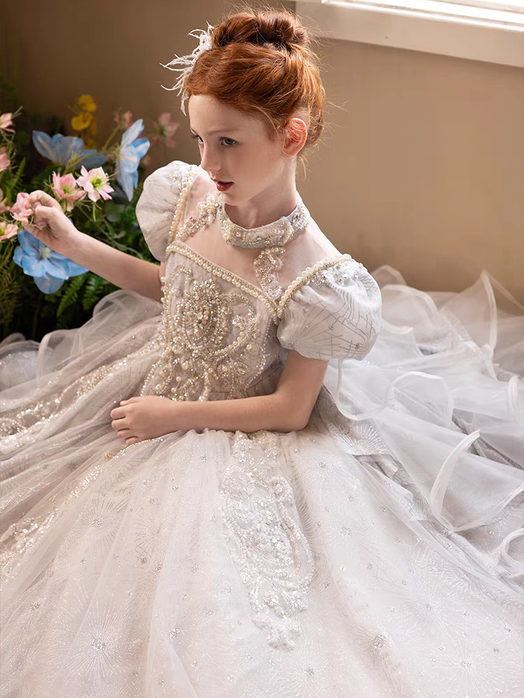 Luxury Silver Girl Dress Beaded Court Train Princess Gown J300, Silver / Child-12 Luxury Silver Girl Dress Beaded Court Train Princess Gown J300, Silver / Child-12