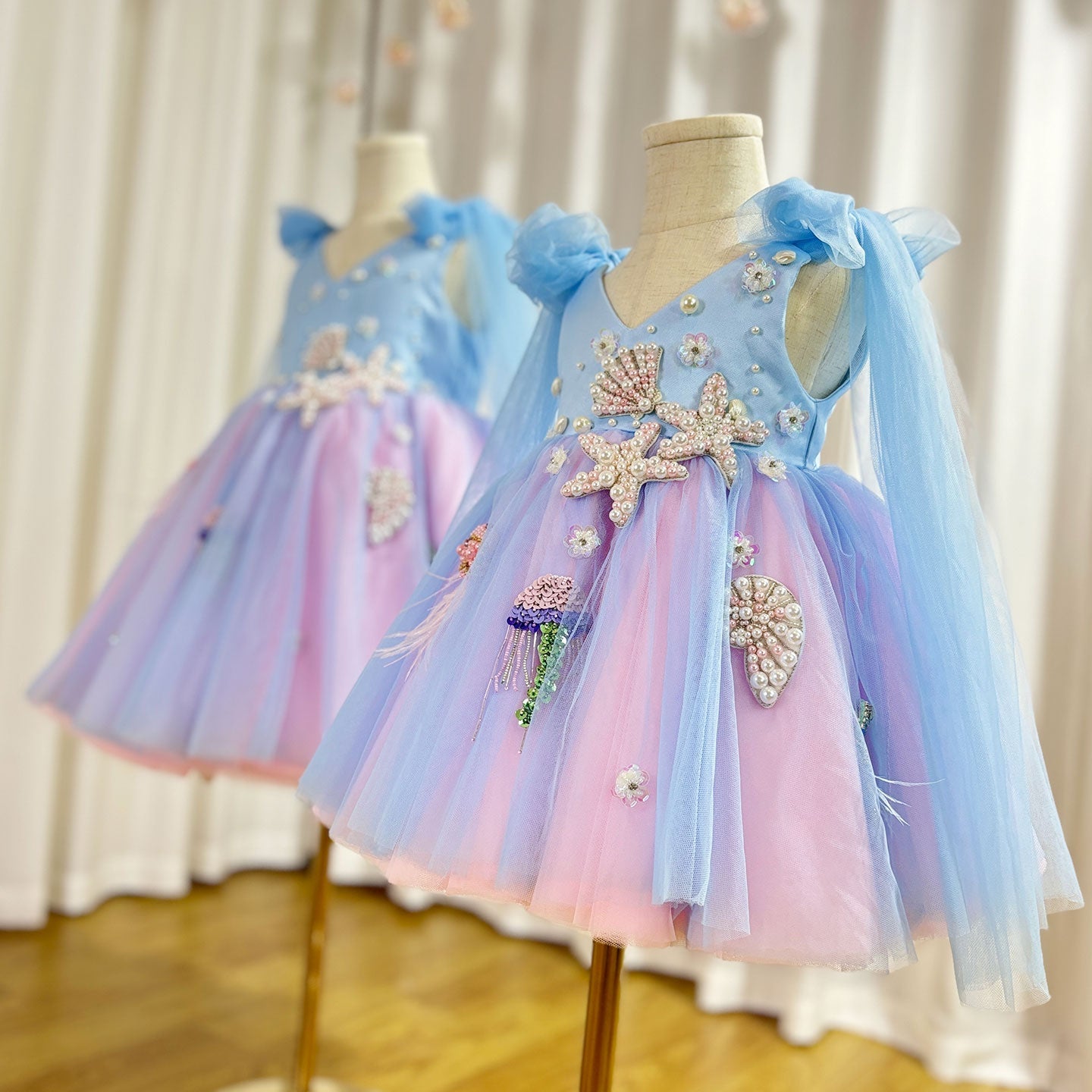 Luxury Sky Blue Baby Flower Girl Dresses Beaded Arab Pearls J072