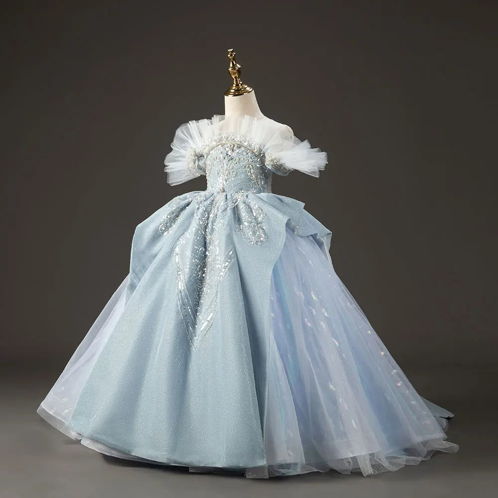 Luxury Sky Blue Flower Girl Dresses with Pearls Beading Princess J014 Blue / child-3 Luxury Sky Blue Flower Girl Dresses with Pearls Beading Princess J014 Blue / child-3