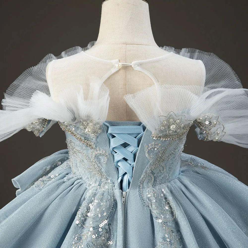 cinderella princess dress Luxury Sky Blue Flower Girl Dresses with Pearls Beading Princess J014 Blue / child-3