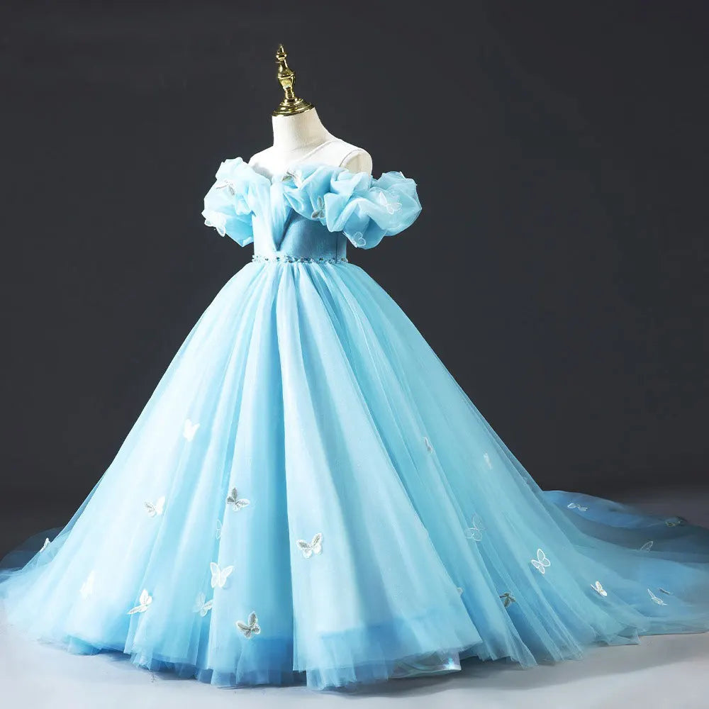 Luxury Sky Blue Girl Dresses Off The Shoulder with Bowknot Princess J034 Luxury Sky Blue Girl Dresses Off The Shoulder with Bowknot Princess J034