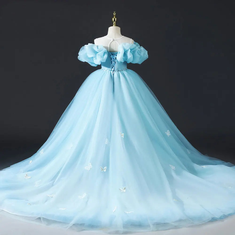 Luxury Sky Blue Girl Dresses Off The Shoulder with Bowknot Princess J034 Sky Blue / 6(120CM) Luxury Sky Blue Girl Dresses Off The Shoulder with Bowknot Princess J034 Sky Blue / 6(120CM)
