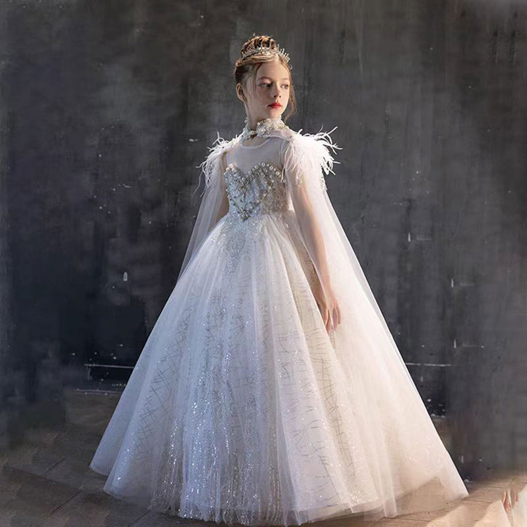 Luxury White Feather Girl Dress with Detachable Cap J124 Luxury White Feather Girl Dress with Detachable Cap J124