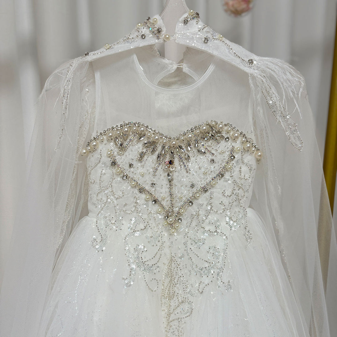 Luxury White Feather Girl Dress with Detachable Cap J124 DreamyVow Luxury White Feather Girl Dress with Detachable Cap J124 DreamyVow
