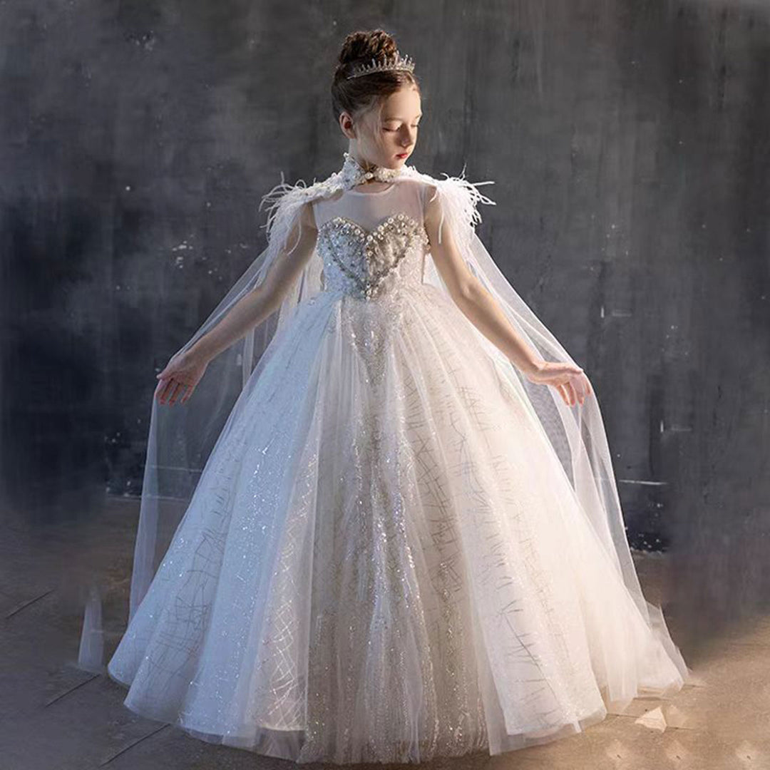 Luxury White Feather Girl Dress with Detachable Cap J124 White / child-3 Luxury White Feather Girl Dress with Detachable Cap J124 White / child-3