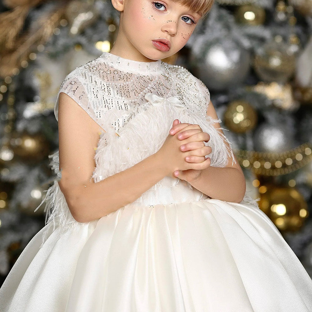 Luxury White Girl Dress Beads Feathers Kids for First Communion J398 White / child-8 Luxury White Girl Dress Beads Feathers Kids for First Communion J398 White / child-8