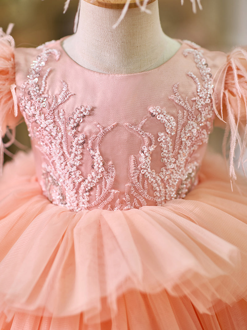 Pink Baby Puffy Sleeve Beads Knee Length Birthday Girl Dress J045 Peach Pink / Child-12 Pink Baby Puffy Sleeve Beads Knee Length Birthday Girl Dress J045 Peach Pink / Child-12