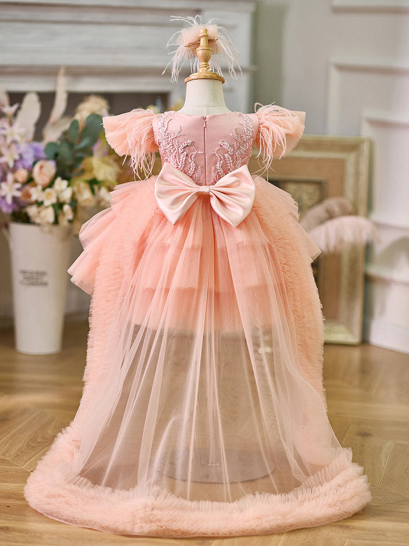 pink knee length dress with sleeves Jewel Applique Lace Knee-Length of bride 2022 in Meat with 3/4 Neckline
