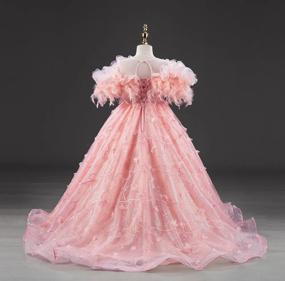 Pink Flower Girl Dresses with Feather Pearls Arabic Princess J015 Pink / 12(150CM) Pink Flower Girl Dresses with Feather Pearls Arabic Princess J015 Pink / 12(150CM)