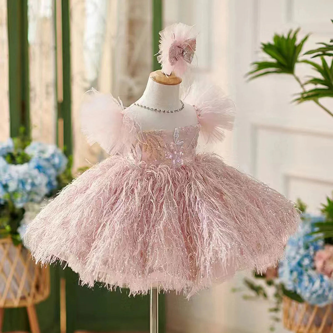 Pink Flower Girl Dresses with Hairband Feathers for Baby Kids J082 Pink Flower Girl Dresses with Hairband Feathers for Baby Kids J082