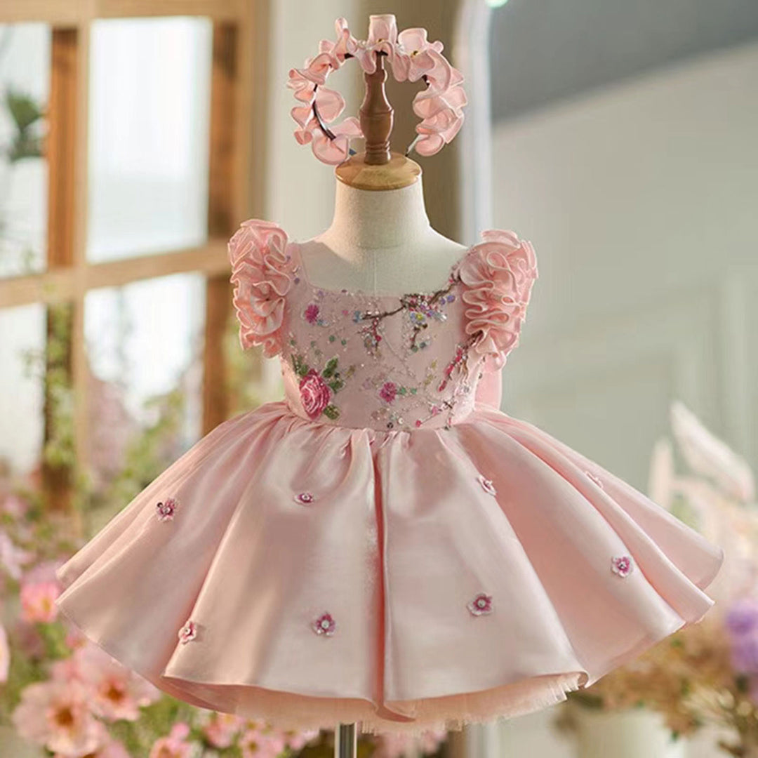 Pink Girl Dress 3D Flowers with Hairband for Kids J026 Pink Girl Dress 3D Flowers with Hairband for Kids J026