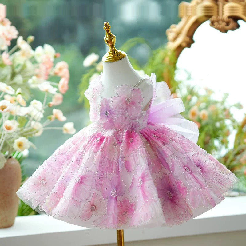 Pink Girl Princess Dress Knee Length for 1st Birthday J409