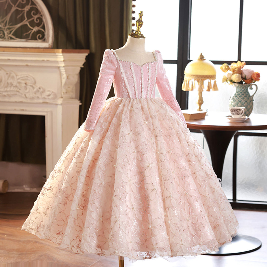 Pink Long Sleeve Beaded Princess Birthday Girl Dress J291 Pink Long Sleeve Beaded Princess Birthday Girl Dress J291