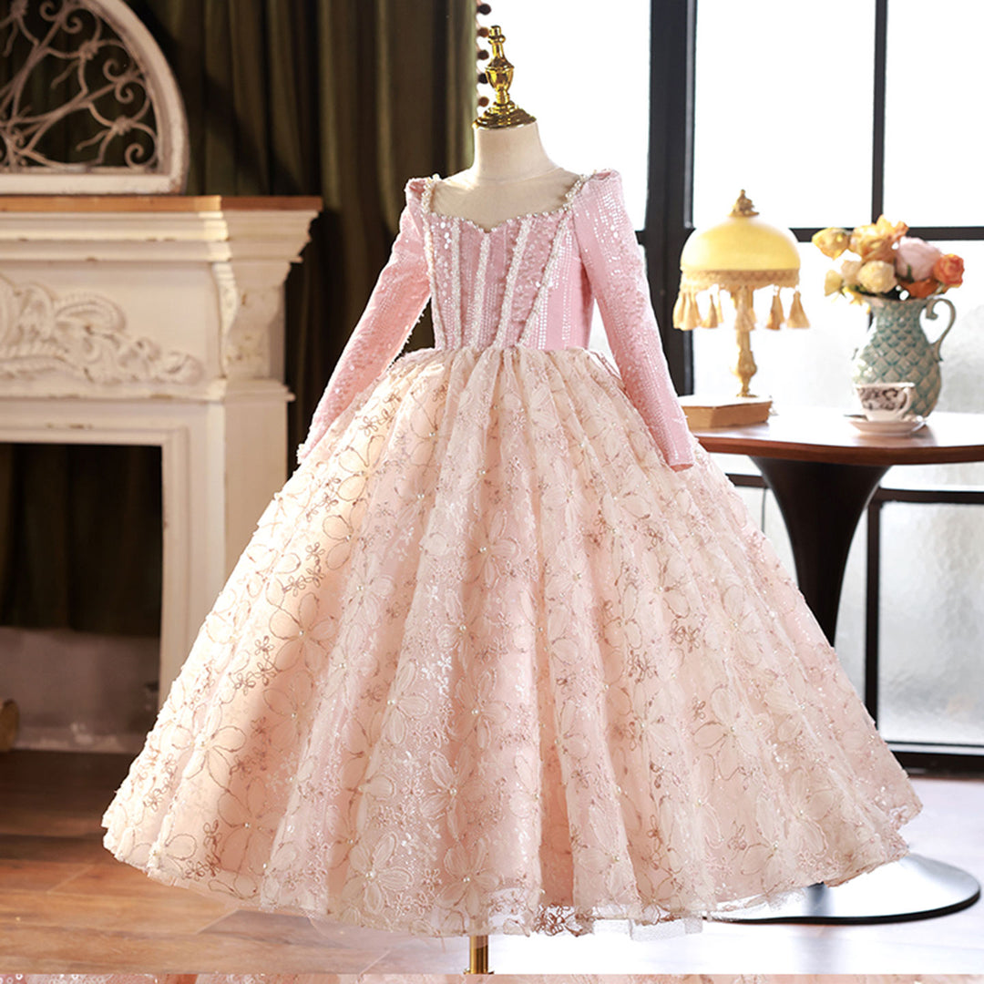 Pink Long Sleeve Beaded Princess Birthday Girl Dress J291 DreamyVow Pink Long Sleeve Beaded Princess Birthday Girl Dress J291 DreamyVow